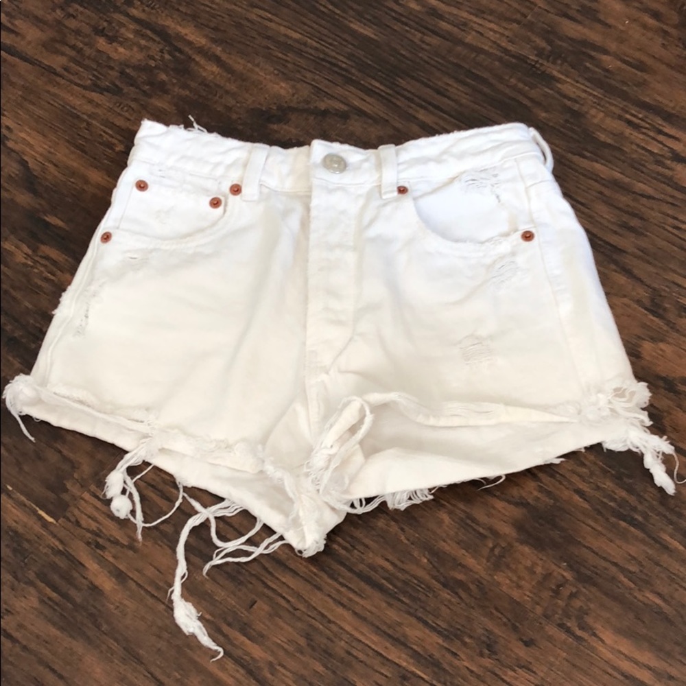 Zara Distressed White Denim High Waisted Shorts